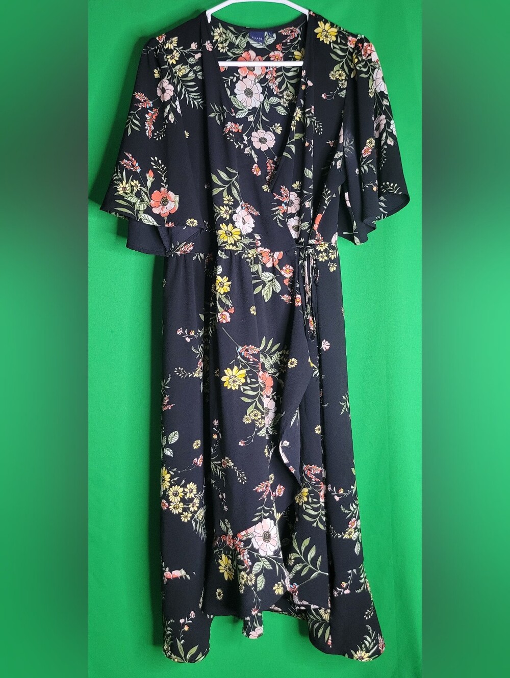Kaari Blue Floral Wrap Midi Dress Stretch Tie Flutter Sleeve Church Sz Large